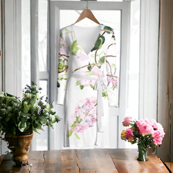 【受注生産】八重桜とメジロ　ラップドレス　ワンピース 3枚目の画像