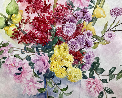 水彩画]八重咲きのツバキの花を描く/watercolorpainting /制作