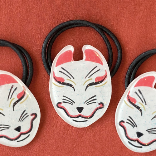 狐のお面【ヘアゴム】 きつね キツネ 祭 和風 日本 浴衣 着物 妖怪