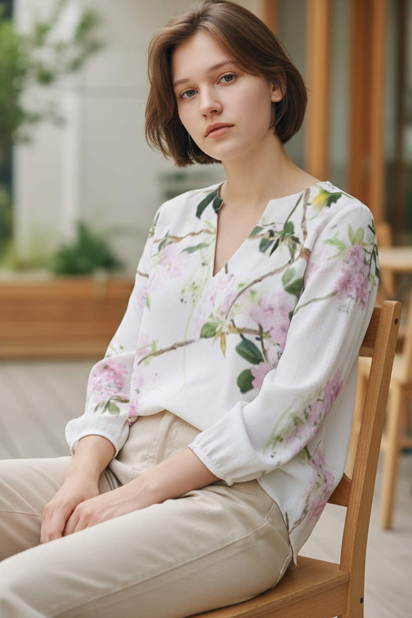 XXS～7XL　八重桜とメジロ　フラワーブラウス