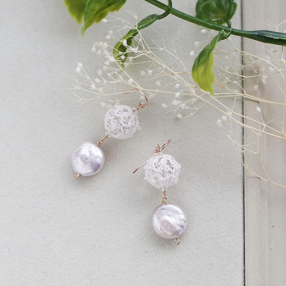 淡水珍珠梭織球「Sakura Urara」14kgf 耳環/耳環 第3張的照片