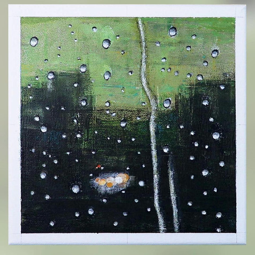 原画☆雨のしずく☆アクリル画・キャンバス 未明の雨 雨だれ 萌