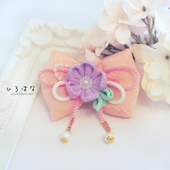 和風リボンの髪飾り ひな祭り 七五三 薄桃色 小さめ つまみ細工 SS