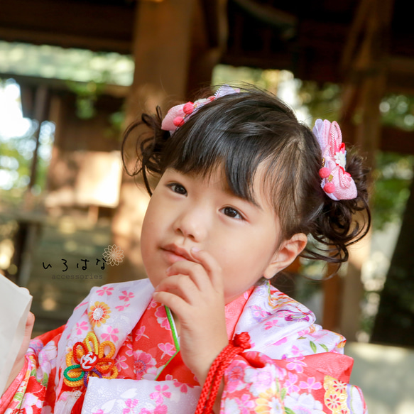 和風リボンの髪飾り ひな祭り 七五三 濃桃色 小さめ つまみ細工 8枚目の画像