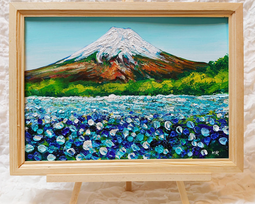 油絵 絵画 【青いお花畑と富士山  】 b745905edf21ddc00f00d5c694e701