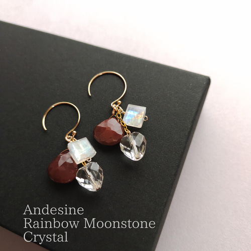 一点もの】宝石質AAA春色アンデシン&ハートクリスタルピアス 14kgf 