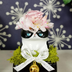 お座り猫　プリザーブドフラワー／ 猫 薔薇　桜  花　動物　誕生日　母の日 プレゼント 猫好き　プチギフト 1枚目の画像