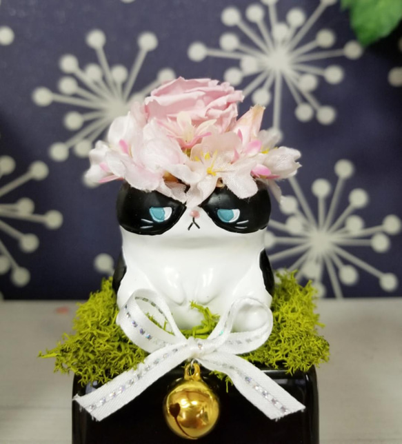 お座り猫　プリザーブドフラワー／ 猫 薔薇　桜  花　動物　誕生日　母の日 プレゼント 猫好き　プチギフト 1枚目の画像