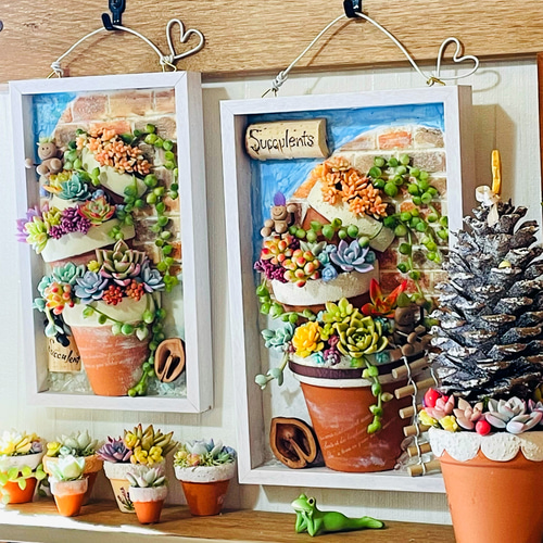 多肉ウォールアート♡多肉植物アレンジ♪樹脂粘土多肉 割れ鉢 レンガ調