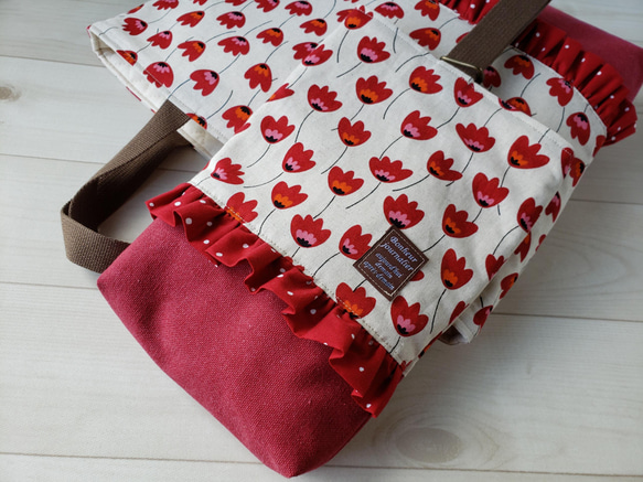 ◆入園入学◆赤いレトロなお花のシューズバッグ 2枚目の画像