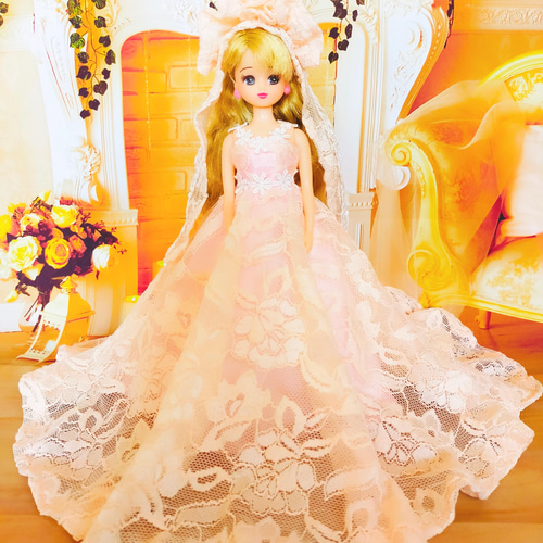 リカちゃんサイズ ピンクレースのAライン プリンセスドレス パール