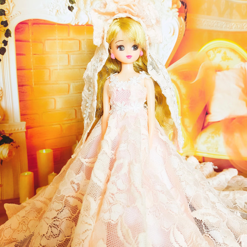 リカちゃんサイズ ピンクレースのAライン プリンセスドレス パール