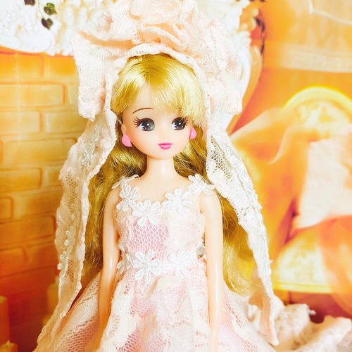 リカちゃんサイズ ピンクレースのAライン プリンセスドレス パール