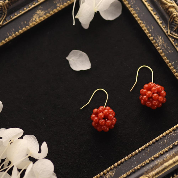 珊瑚/ピアス/赤さんご/ サンゴ/フックピアス　 Ｅー05 赤珊瑚 あかさんご サンゴ ピアス 花 K18 サルジ ナチュラル