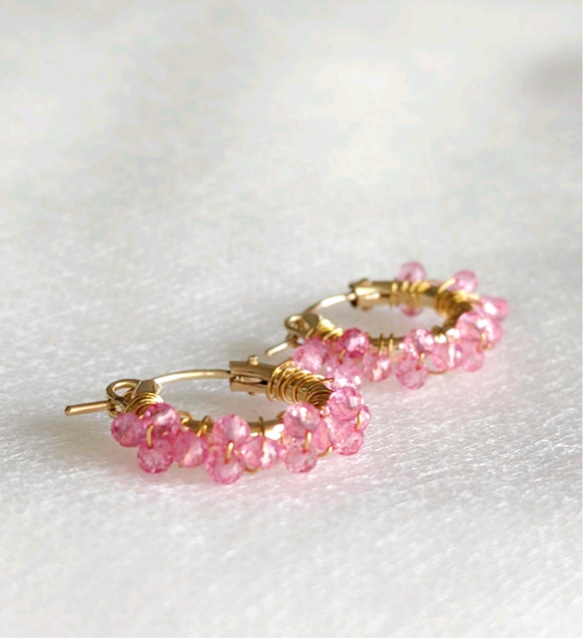 14kgf 【愛の石】 Pink tourmaline ピンクトルマリンフープピアスorイヤリング(SV925可) 2枚目の画像