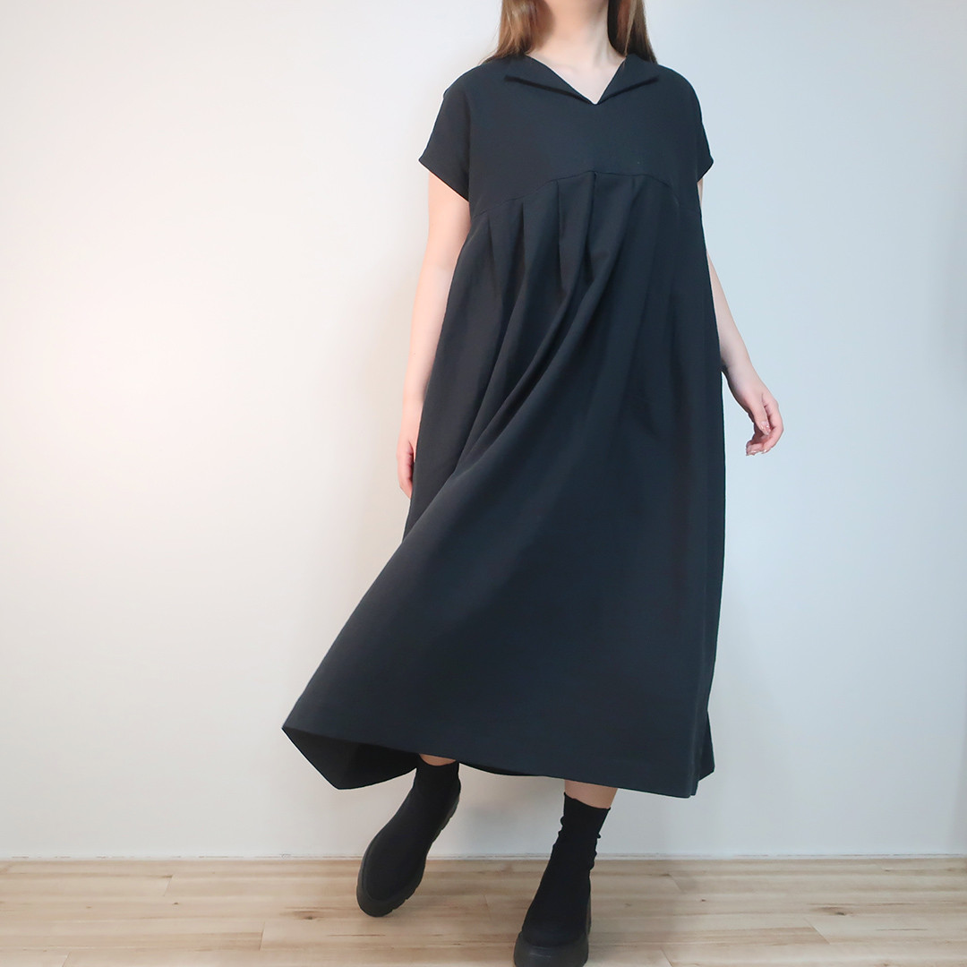 マキシ丈 体型補正 身幅ゆったり フレンチワンピース（ハーフリネン／全８色）