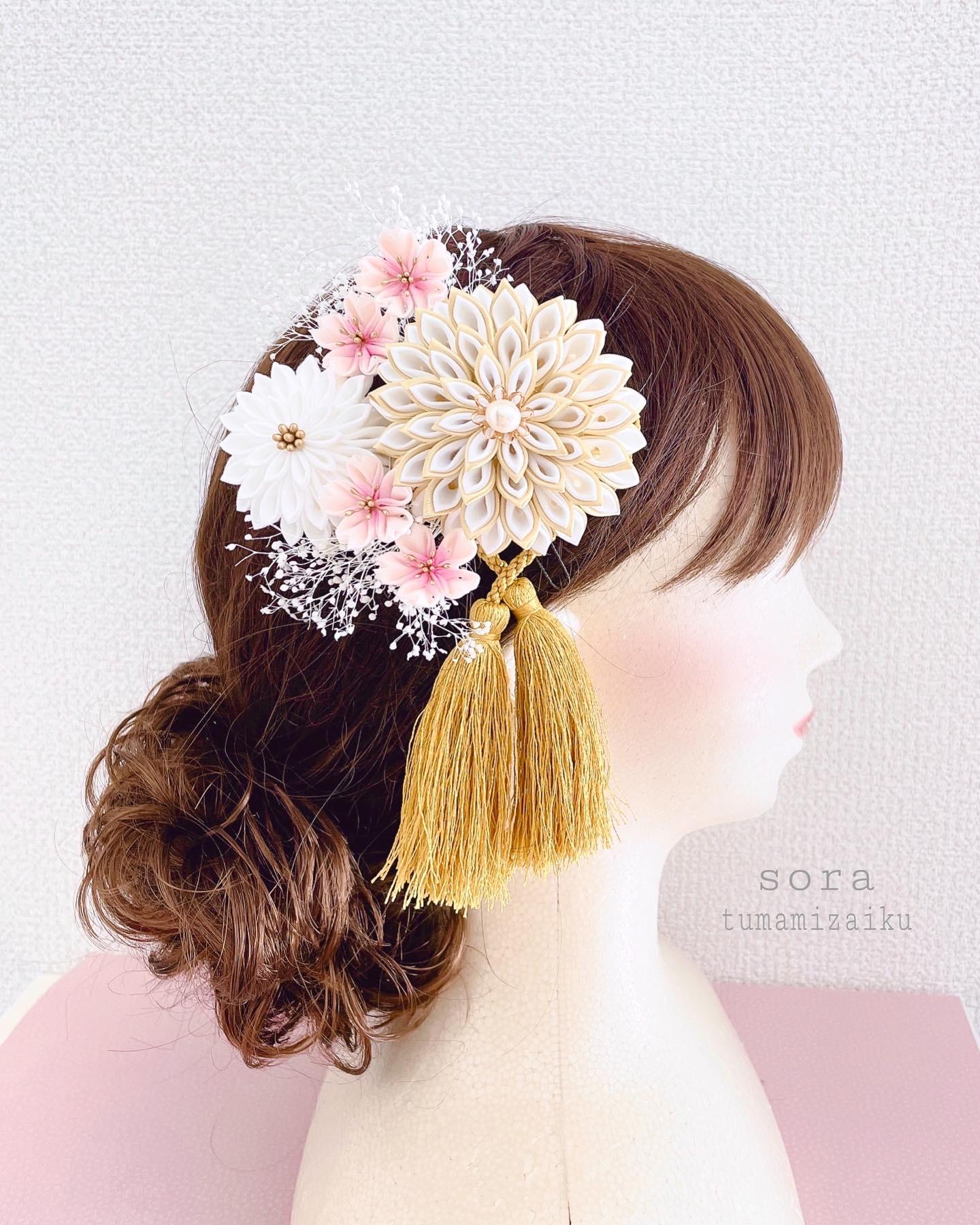 つまみ細工　髪飾り＊gold×桜＊卒業式　成人式　結婚式　七五三　袴