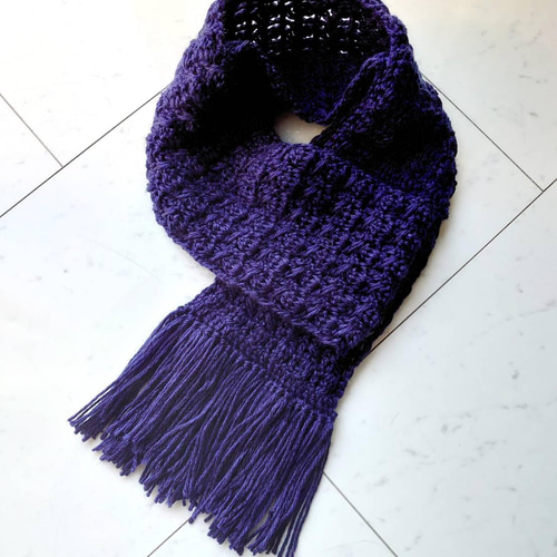 マフラー 模様編み フリンジ ネイビー 編み 手編み 編み物 マフラー