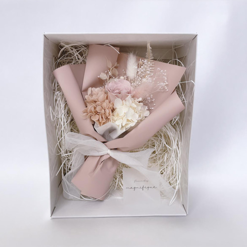 再販×13 ピンクベージュ系 ♡Box in ラッピングブーケ♡ローズ