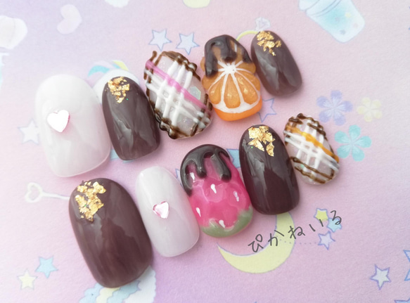 チョコ。 ネイルチップ あみあみチョコ×フルーツ♡ゆめかわネイル ネイルチップ（つけ爪