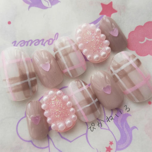 ♡大人ガーリーブラウンチェック♡ ネイルチップ　ハンドメイド ブラウン×チェック柄♡ガーリーネイル ネイルチップ（つけ爪