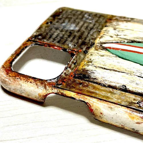 古材風サビ塗装サーフ&シャビーフラワースマホケース iPhone