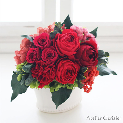 プリザーブドフラワー＜ココット＞レッド 赤 ワインレッド オールド