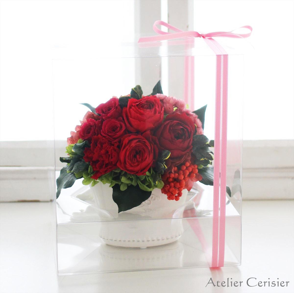 プリザーブドフラワー＜ココット＞レッド 赤 ワインレッド オールドローズ バラ 【還暦】母の日