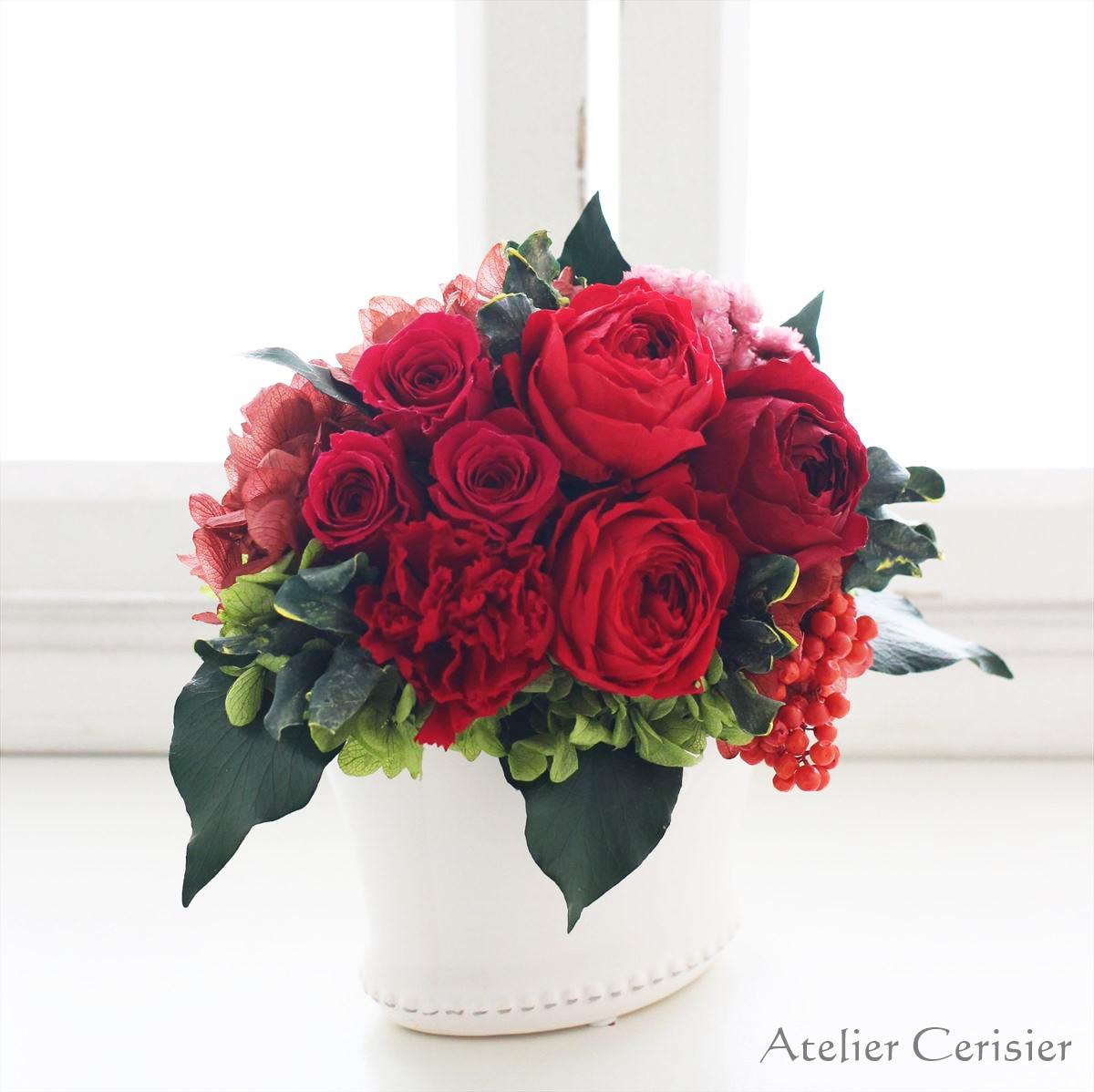 プリザーブドフラワー＜ココット＞レッド 赤 ワインレッド オールドローズ バラ 【還暦】母の日