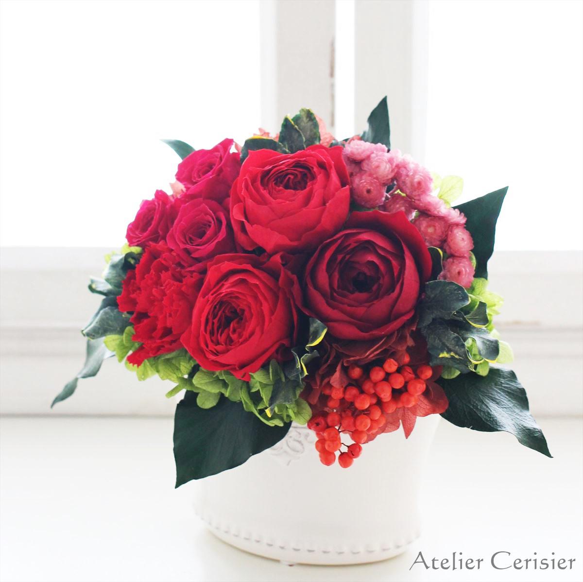 プリザーブドフラワー＜ココット＞レッド 赤 ワインレッド オールドローズ バラ 【還暦】母の日