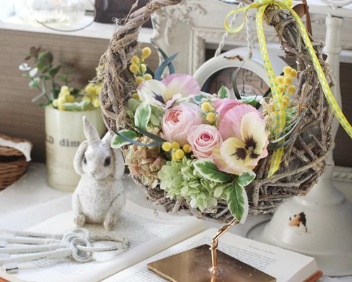 パンジーと小花がいっぱい春リース　スプリングリース　ナチュラル 5dd38745bbe1d30e73dbc10bc33fb4