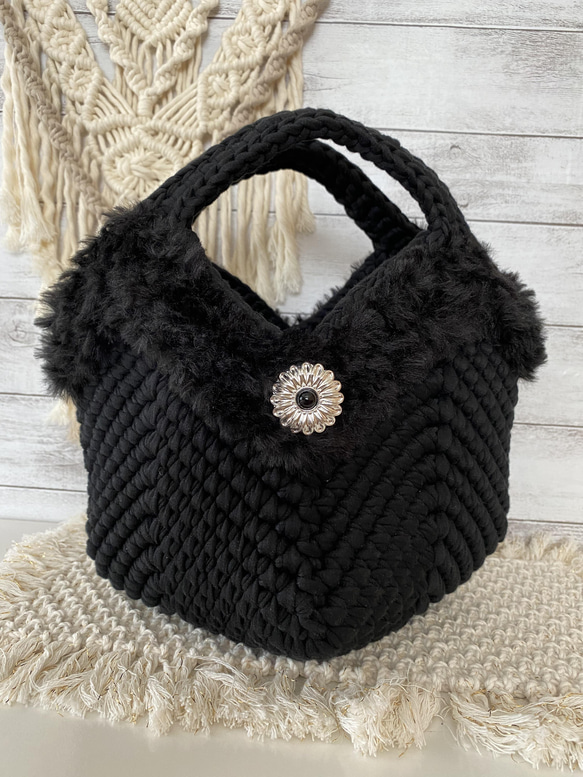 ファー付きグラニースクエアボトムトート♡ズパゲッティ グラニー  