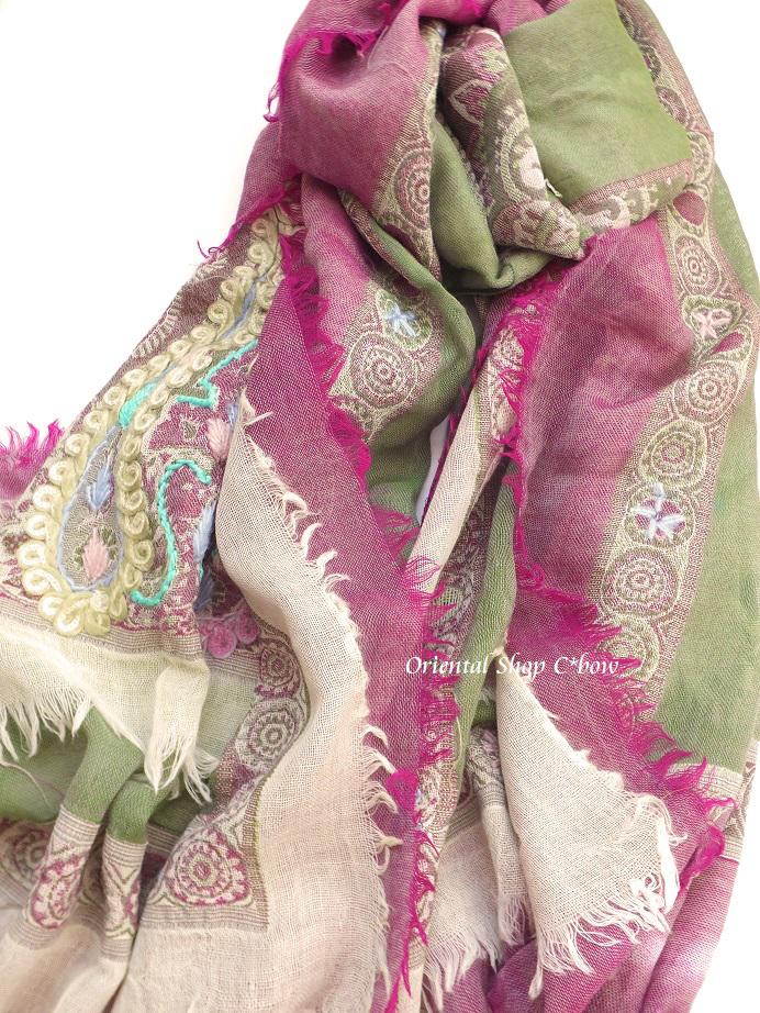 日本発送★ウール｜三重トリプル★手刺繍やわらかストール｜202201