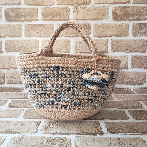 Mサイズ》春夏 モノトーン マーブル模様麻ひも引き揃えバッグ  