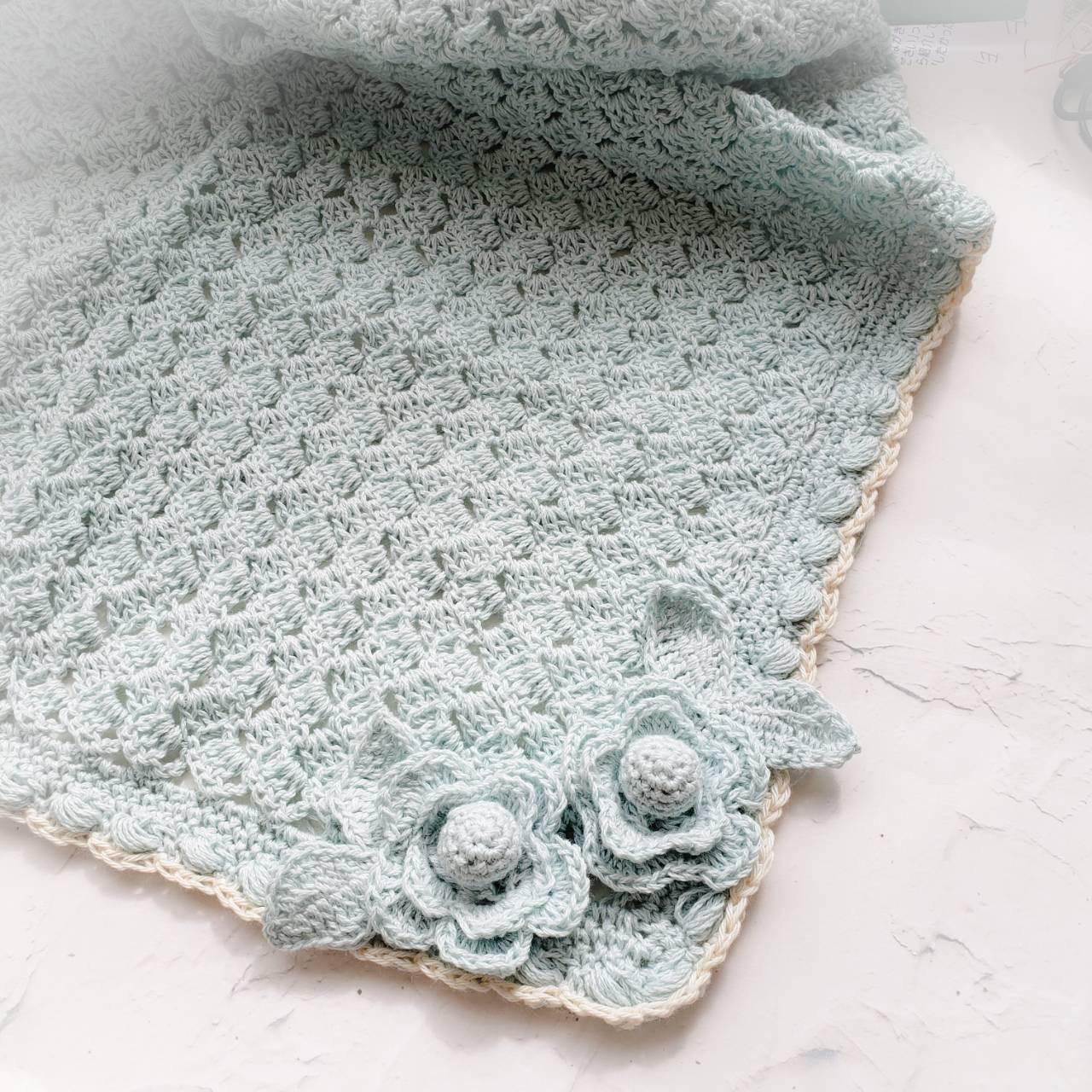 【再販】ふんわりオーガニックコットン100のブランケット/お花のモチーフ付き/アイスブルー※受注製作 11,000円