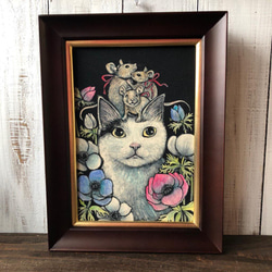 どこいった？」SMサイズ額付きアート作品原画 猫 徳島洋子作品 ☆ 星月