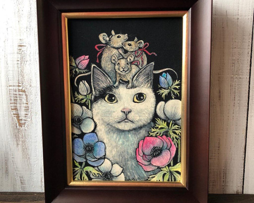 【未使用保管品】日本画　猫図 b9f3e487869b686ea3b06edf104d97