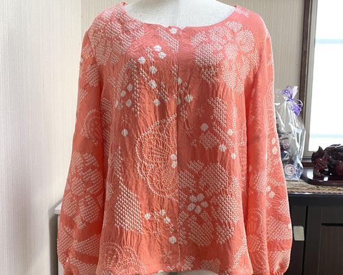 有松絞りワンピース　ピンク花　フレア袖　ゆったりサイズ　ポケット付き　藍染絞り jsy-rm5600160_10.jpg