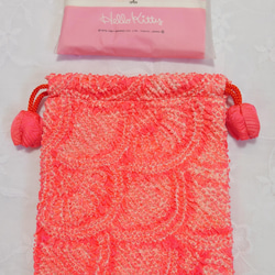 ※手作り 巾着 可愛い 素敵 袋 着物 しぼり 正絹 鱗 波 男女兼用 日本  ピンク 一枚 4枚目の画像