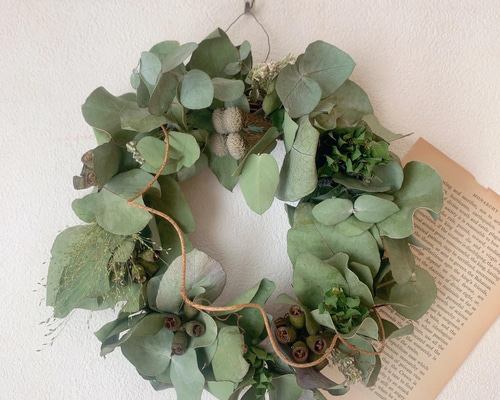 ドライフラワー ユーカリのリーフと実のリース リース 葉つみ 通販