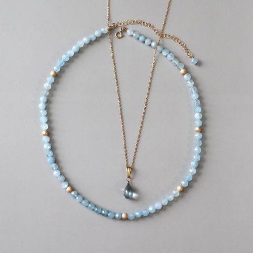 3月の誕生石 大粒アクアマリン・ビーズネックレス 水色 春のおしゃれ