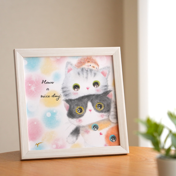 【複製画】「Have a nice day ニャン♪」　猫　ネコ　ハリネズミ　パステルアート　動物　イラスト 4枚目の画像