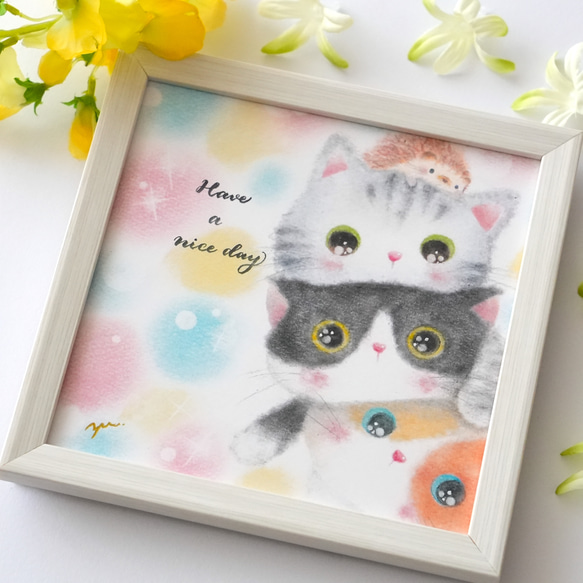 【複製画】「Have a nice day ニャン♪」　猫　ネコ　ハリネズミ　パステルアート　動物　イラスト 7枚目の画像