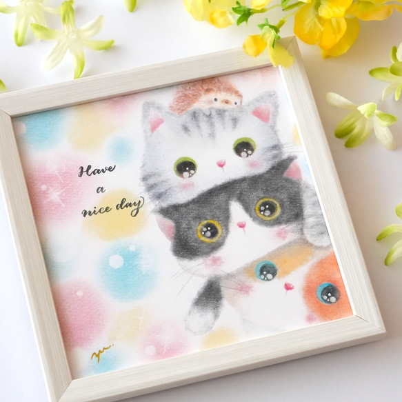 【複製画】「Have a nice day ニャン♪」　猫　ネコ　ハリネズミ　パステルアート　動物　イラスト 1枚目の画像