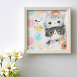 【複製画】「Have a nice day ニャン♪」　猫　ネコ　ハリネズミ　パステルアート　動物　イラスト 3枚目の画像