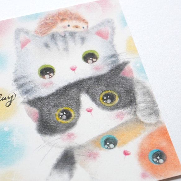 【複製画】「Have a nice day ニャン♪」　猫　ネコ　ハリネズミ　パステルアート　動物　イラスト 2枚目の画像