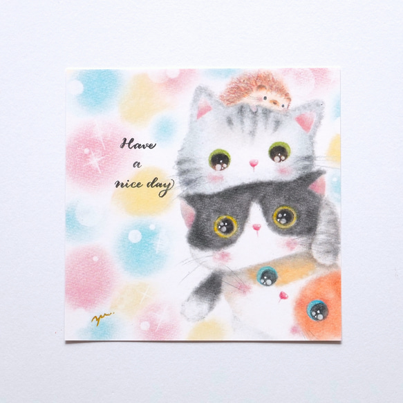 【複製画】「Have a nice day ニャン♪」　猫　ネコ　ハリネズミ　パステルアート　動物　イラスト 6枚目の画像