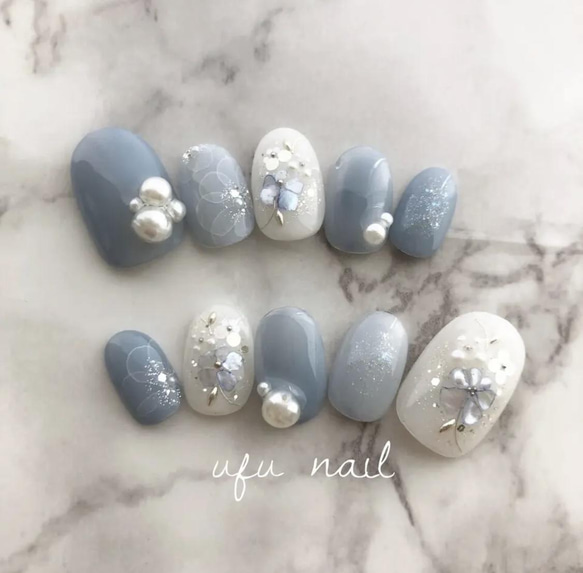 ブルー×バブルパールのシェルフラワーネイル♡ ネイルチップ（つけ爪  