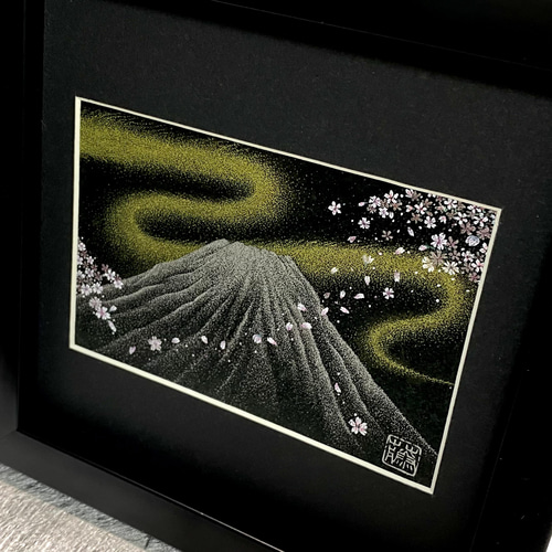 幸運の点描画アート【富士山と桜と金龍】高波動エネルギーアート