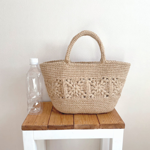受注製作》✳︎楕円底✳︎モチーフを編み込んだ麻ひもバッグ かご